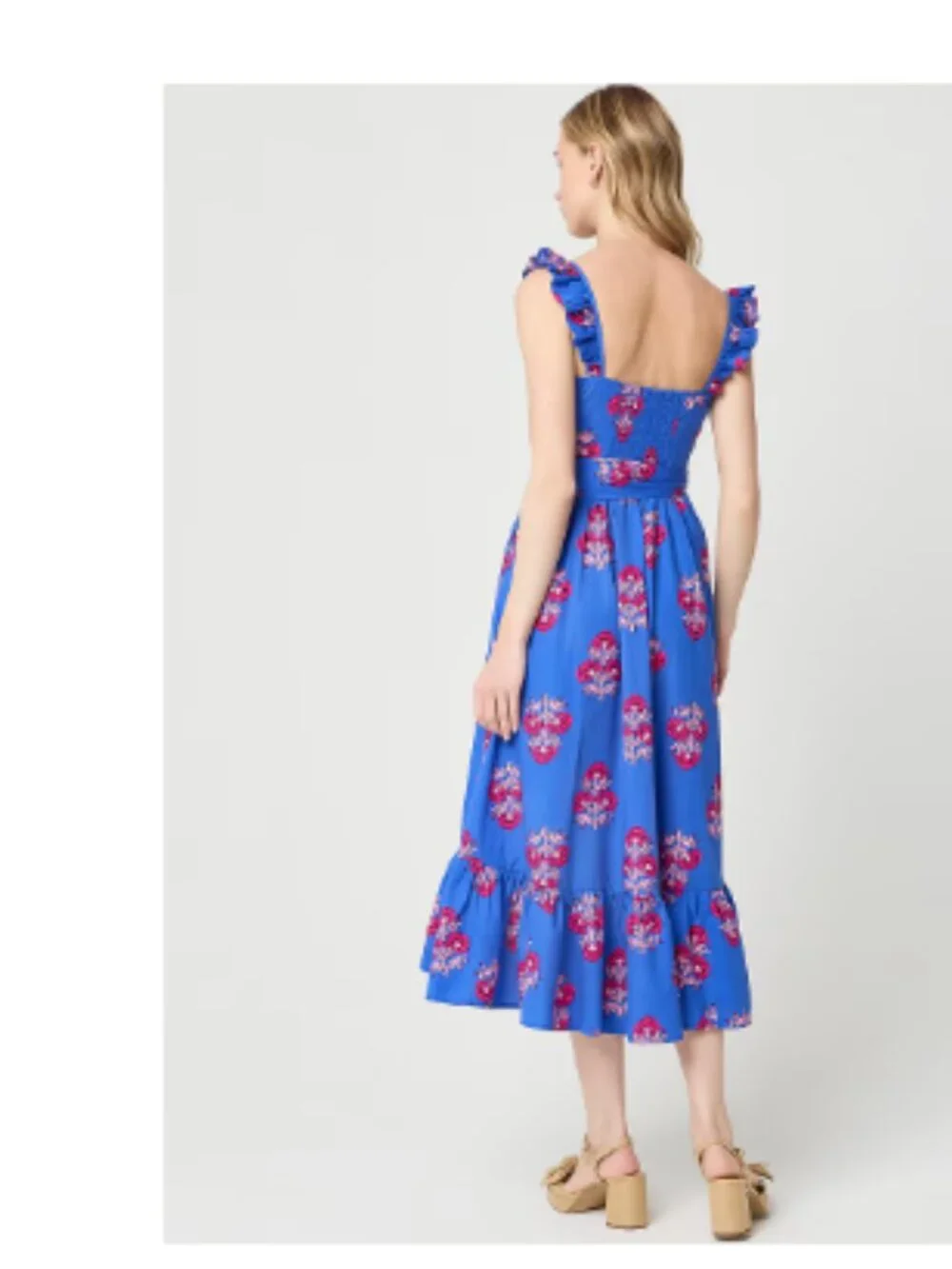 Women's Blue Floral Midi Dress Ruffle Strap Tie Waist Hi-Low Hem Sleeveless - 8